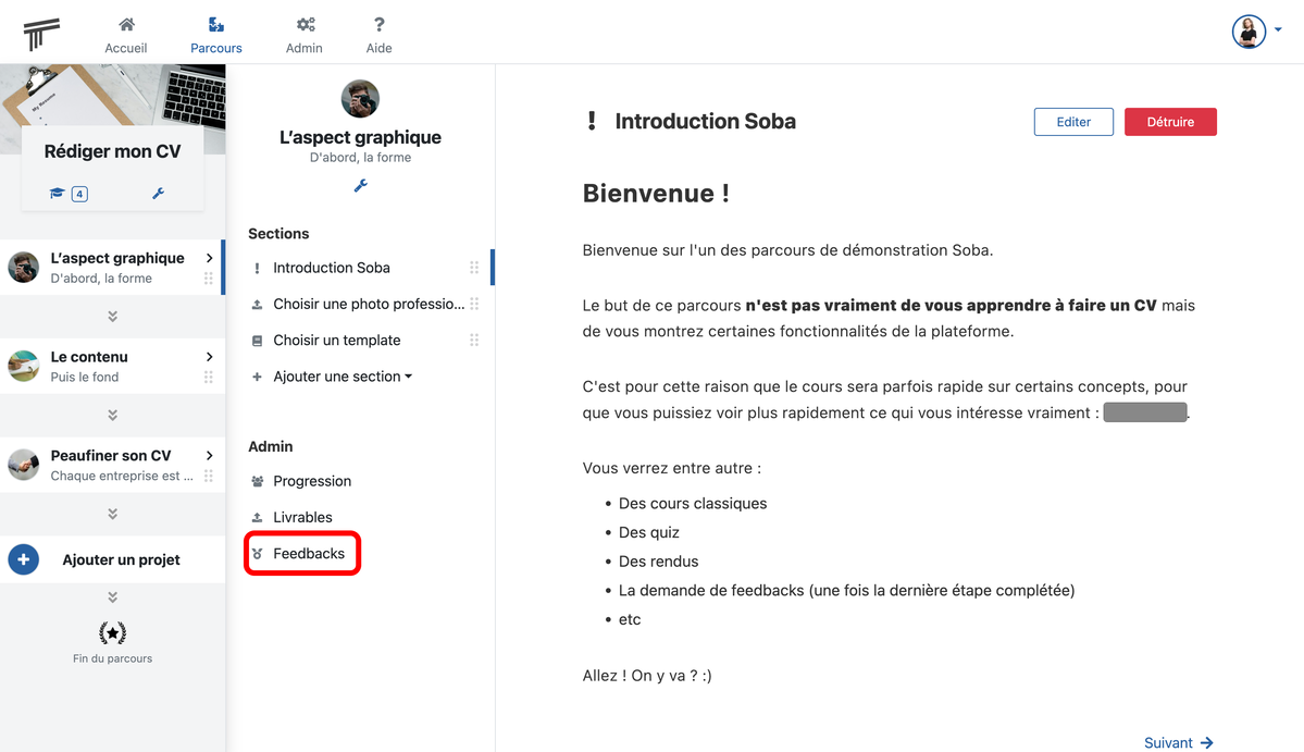 Documentation Soba LMS : Acces à la page des feedbacks