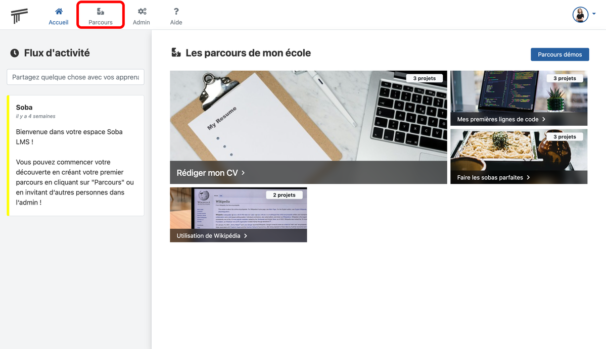 Documentation Soba LMS : lien vers la page des parcours