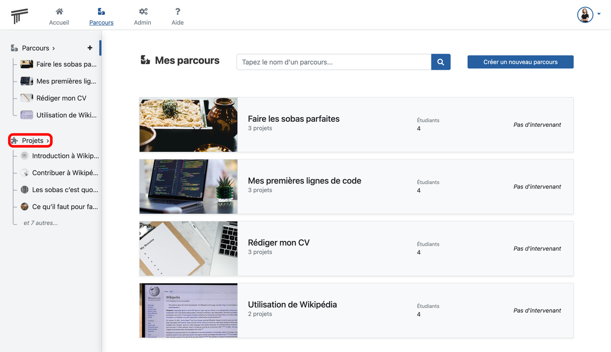 Documentation Soba LMS : lien vers la page des projets