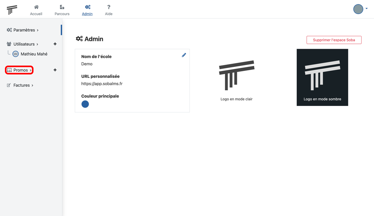 Documentation Soba LMS : lien vers la page des promos