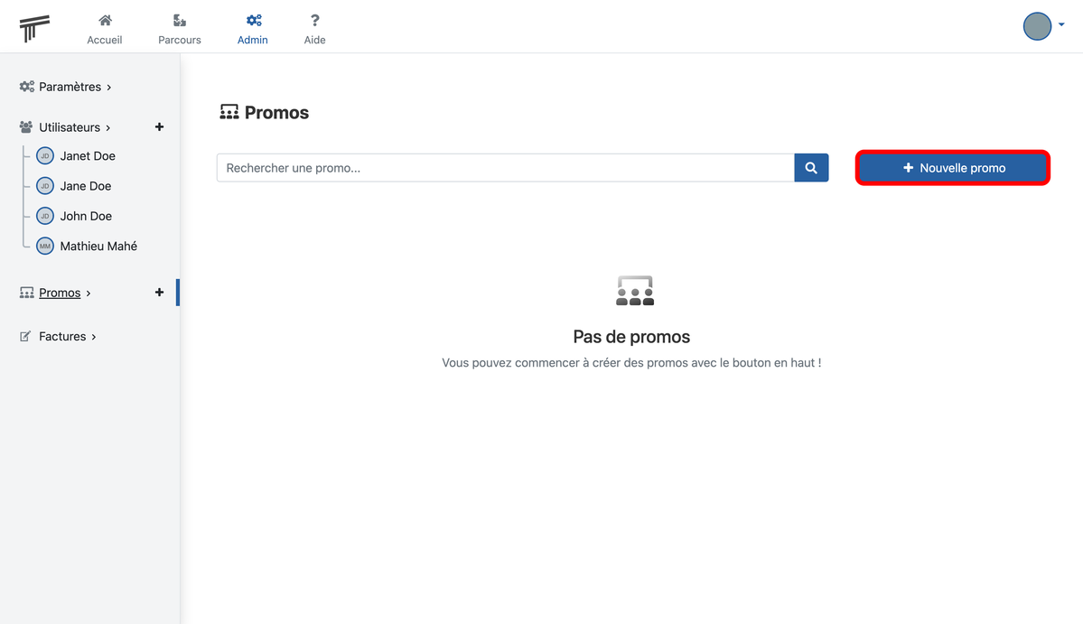 Documentation Soba LMS : lien pour créer une nouvelle promo