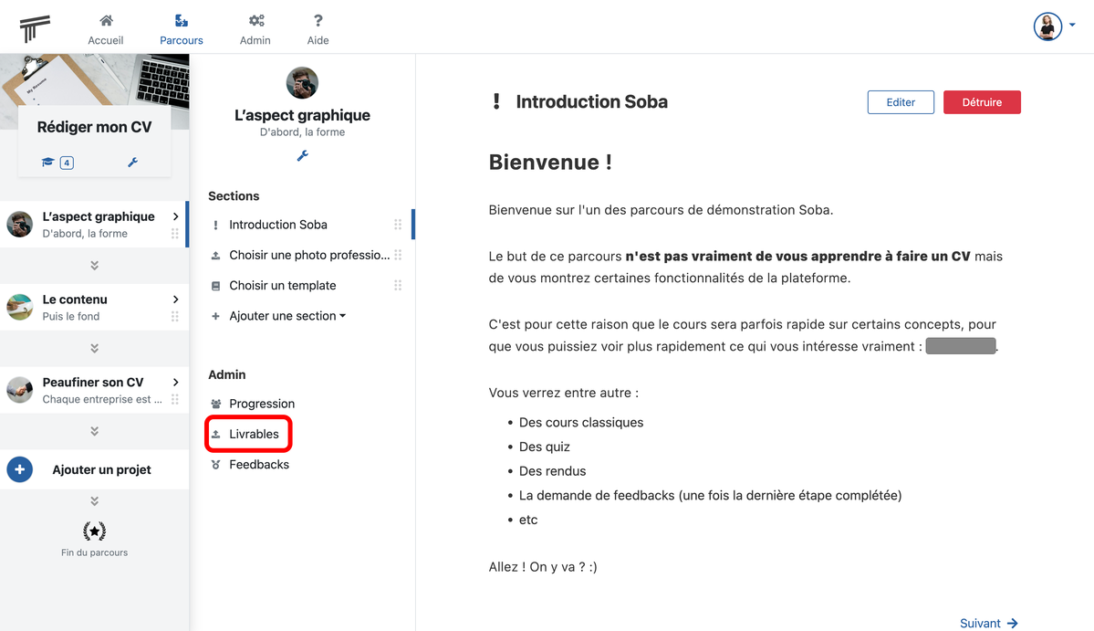 Documentation Soba LMS : lien vers les livrables