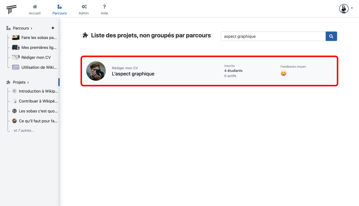 Documentation Soba LMS : lien vers la un projet spécifique