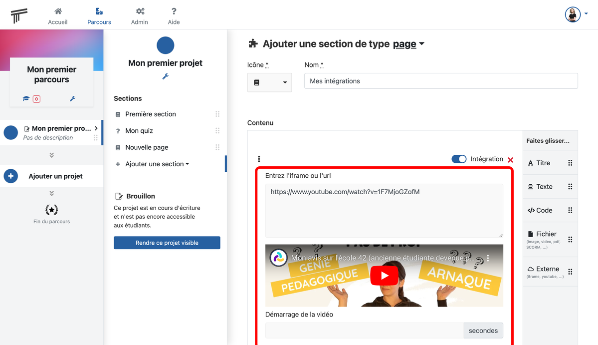 Documentation Soba LMS : ajouter une vidéo youtube