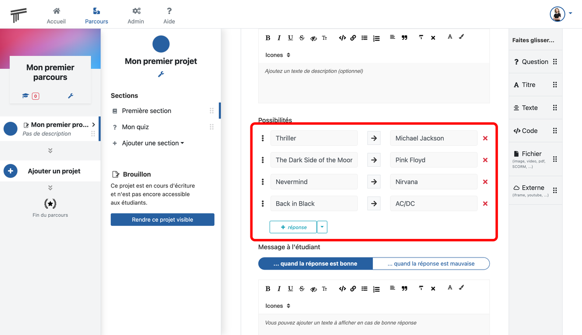 Documentation Soba LMS : formulaire des possibilités