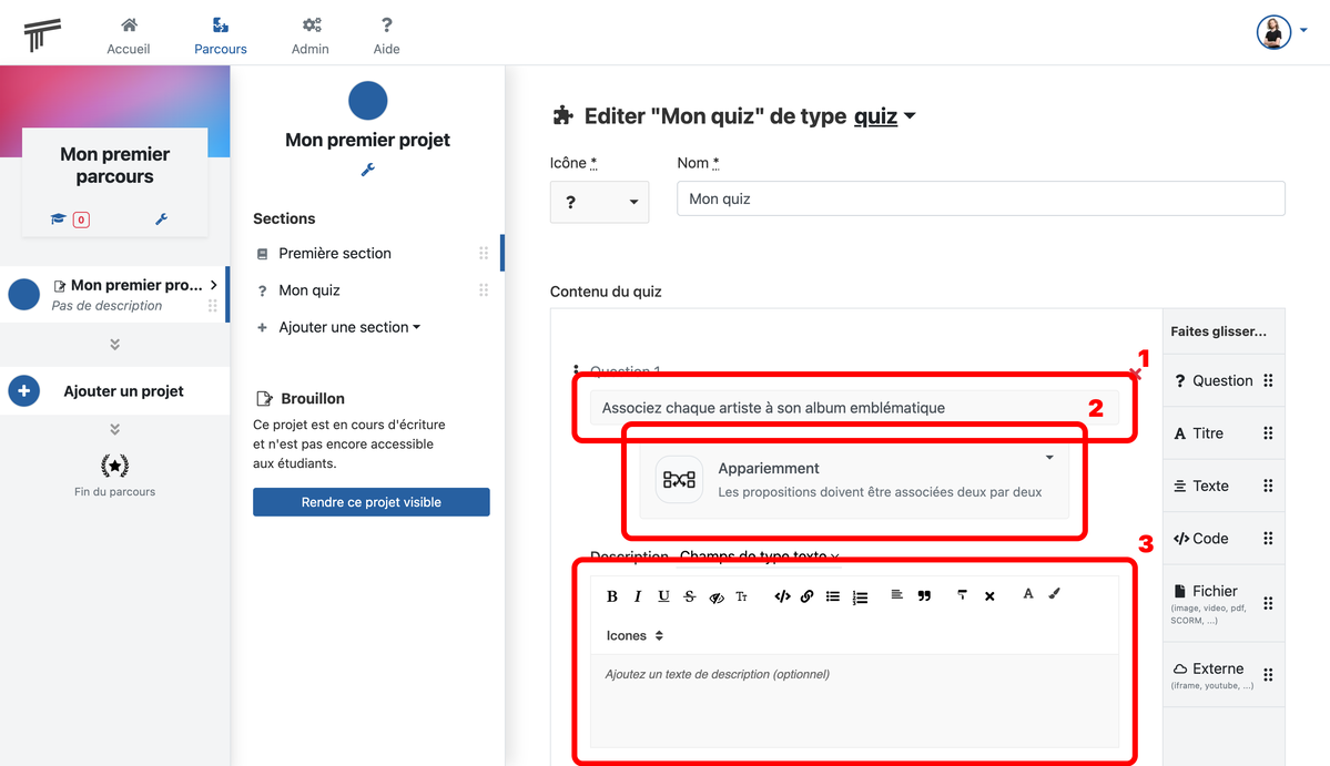 Documentation Soba LMS : formulaire de la question