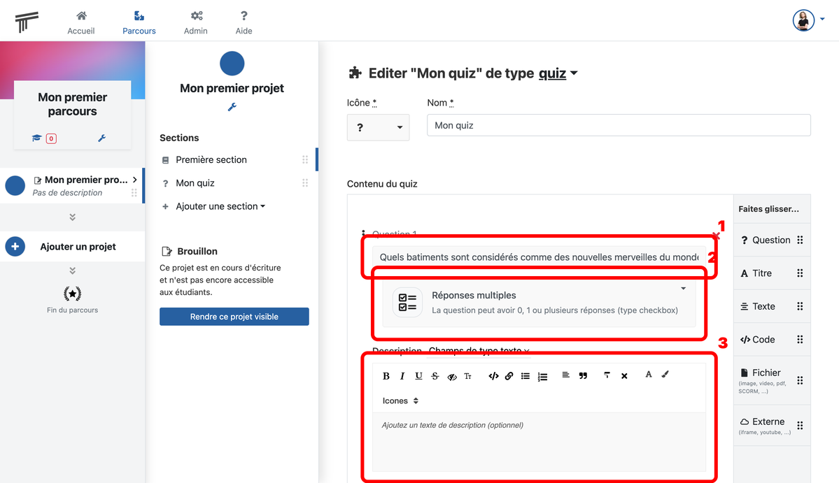 Documentation Soba LMS : formulaire de la question