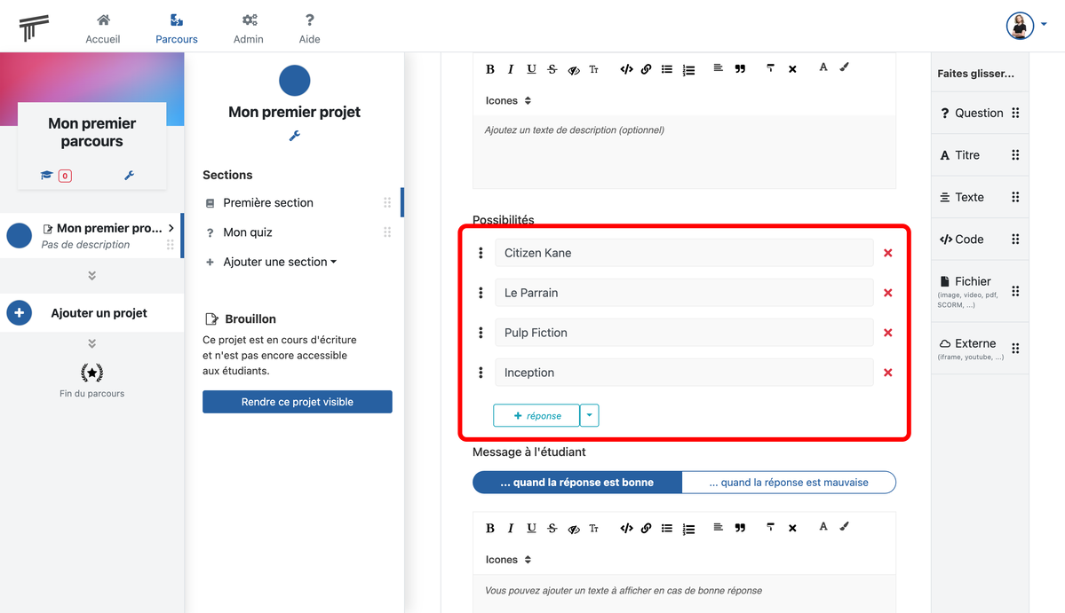 Documentation Soba LMS : formulaire des possibilités