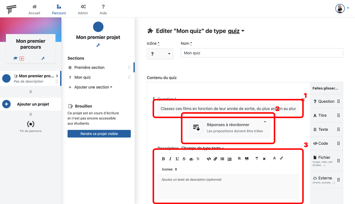 Documentation Soba LMS : formulaire de la question