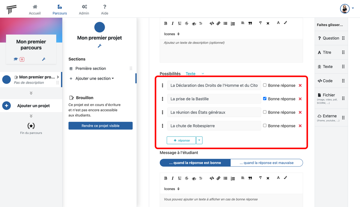 Documentation Soba LMS : formulaire des possibilités