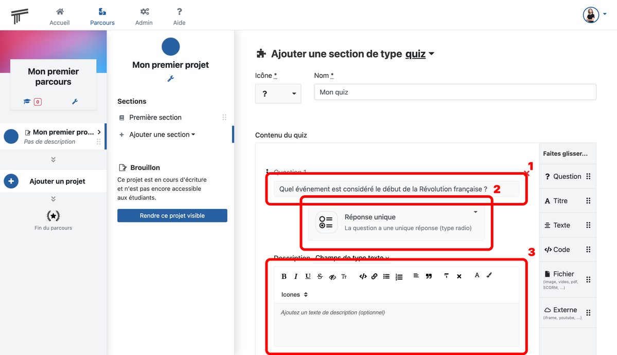 Documentation Soba LMS : formulaire de la question