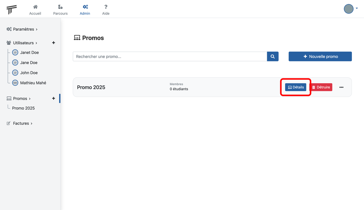 Documentation Soba LMS : détails d'une promo