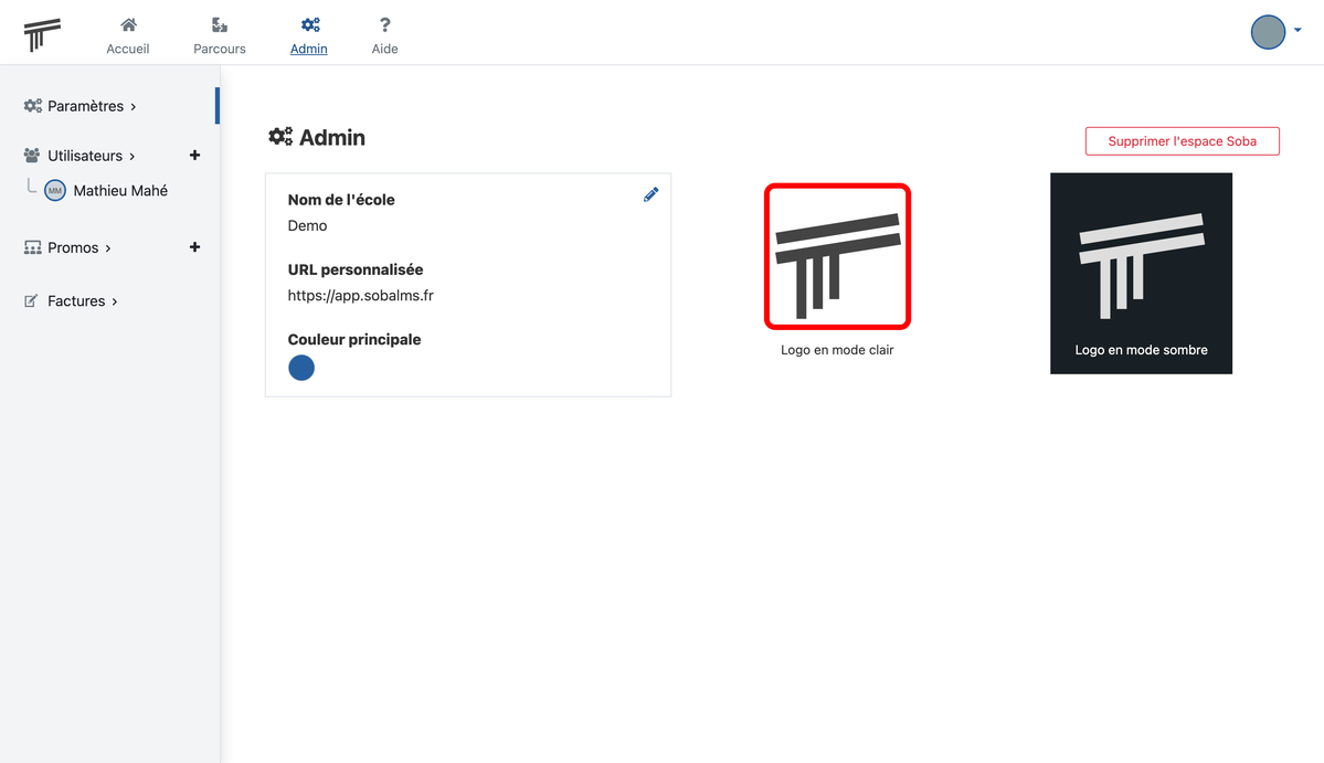 Documentation Soba LMS : edition des logos de son espace Soba