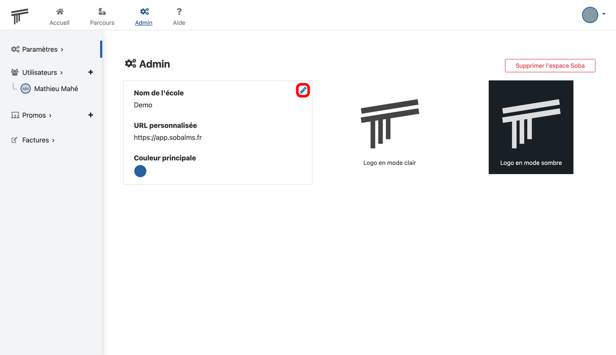Documentation Soba LMS : lien vers l'edition de son espace Soba