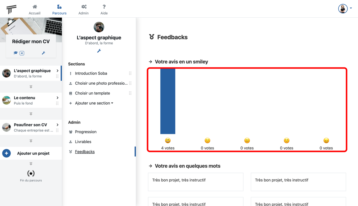 Documentation Soba LMS : Page des feedbacks