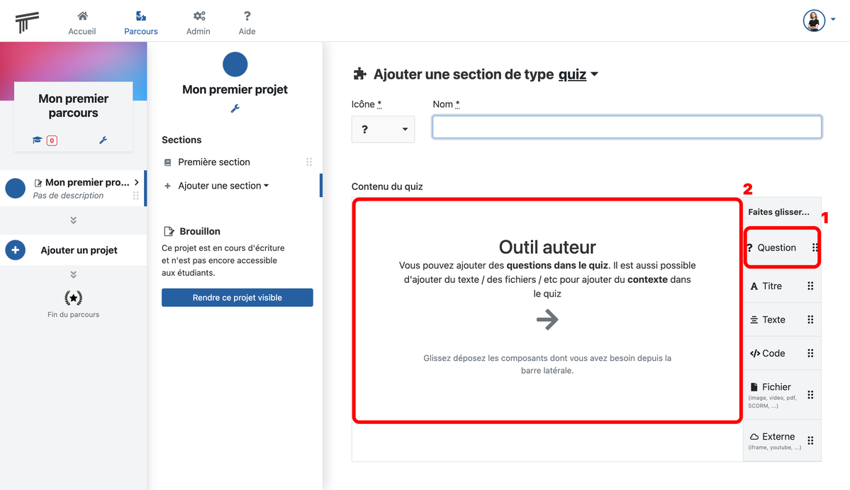 Documentation Soba LMS : glisser une question