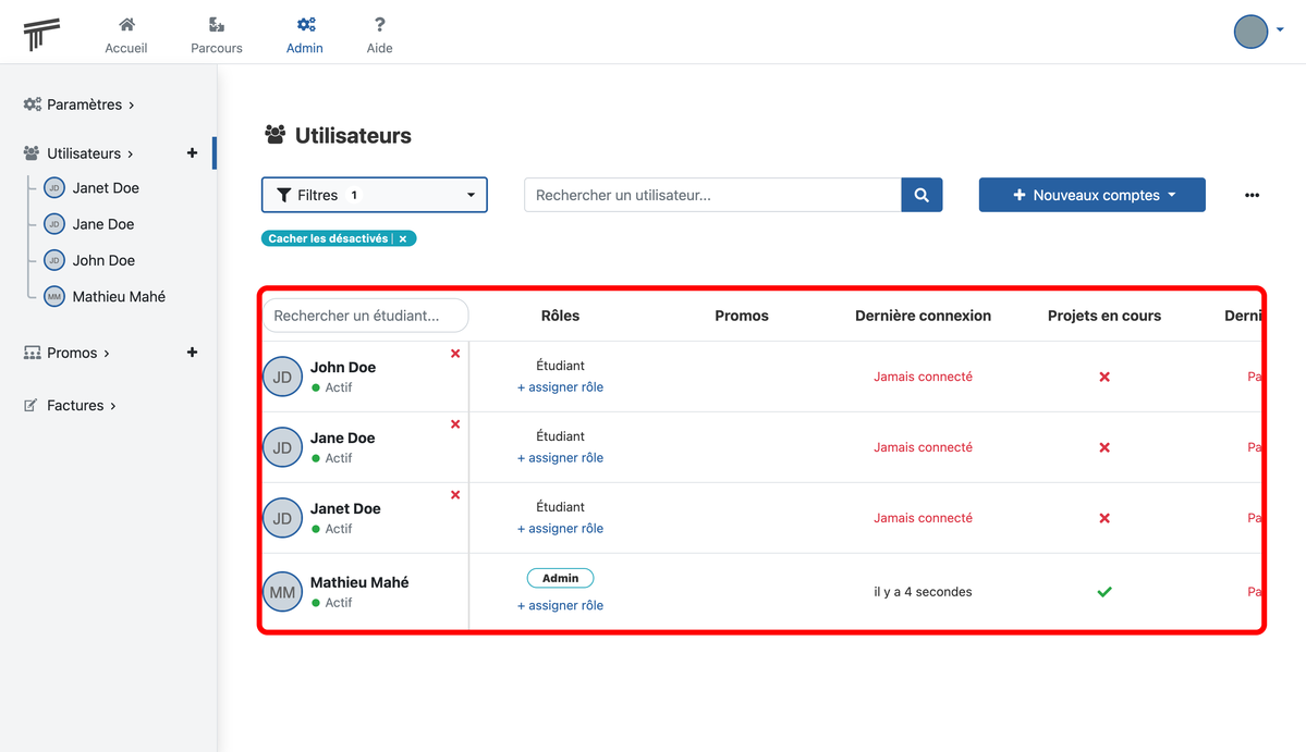 Documentation Soba LMS : Liste des comptes