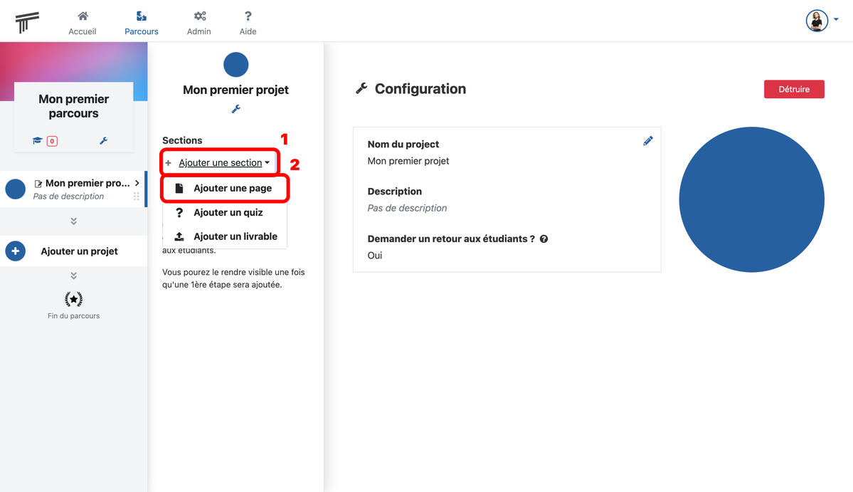 Documentation Soba LMS : lien pour créer une section