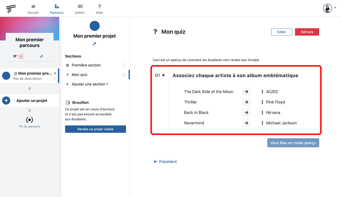 Documentation Soba LMS : Question avec réponses à associer