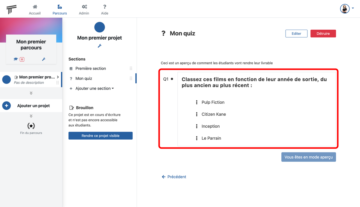 Documentation Soba LMS : Question avec réponses à trier