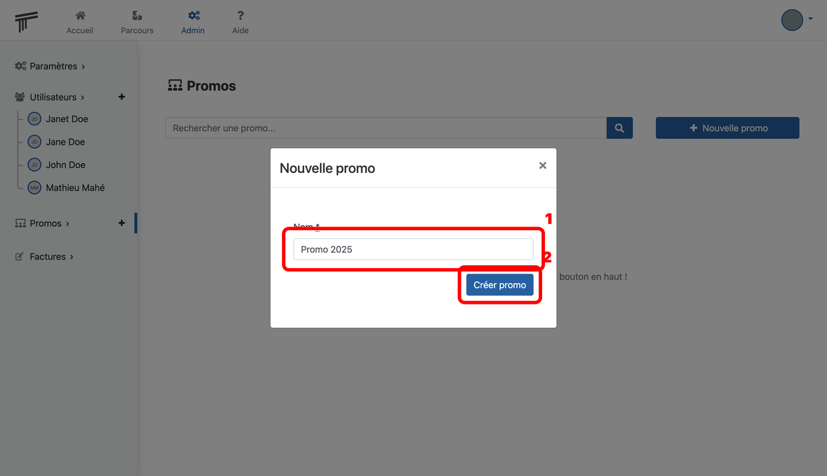 Documentation Soba LMS : formulaire pour une nouvelle promo