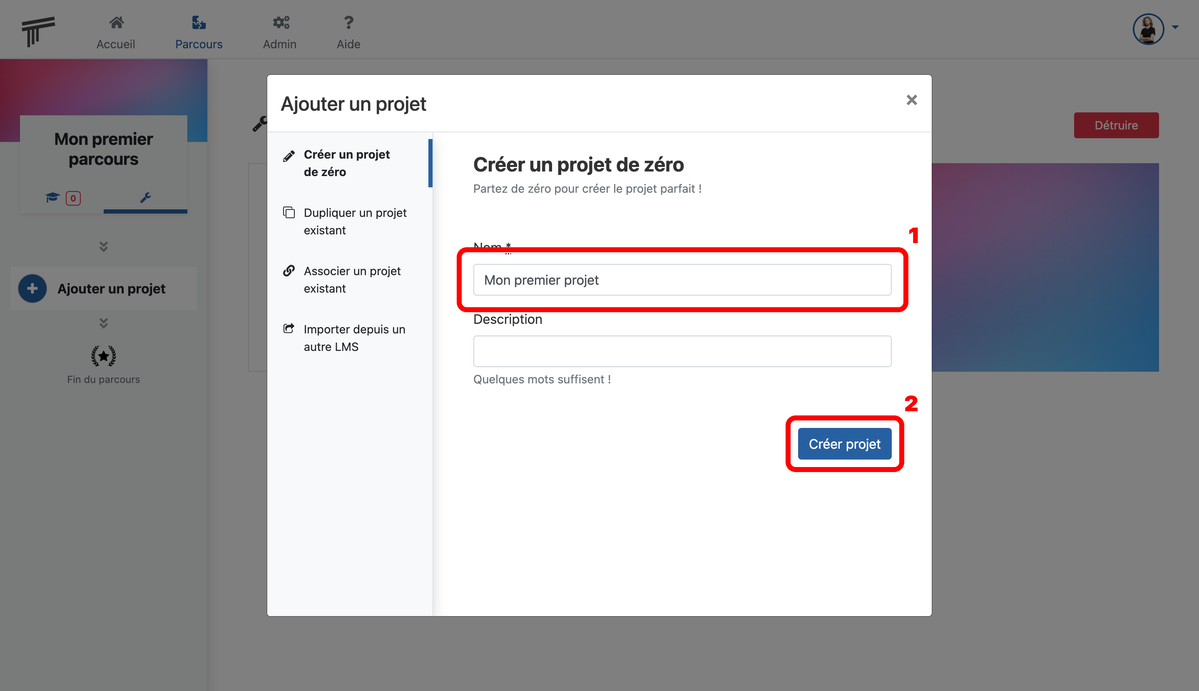 Documentation Soba LMS : formulaire pour créer un projet