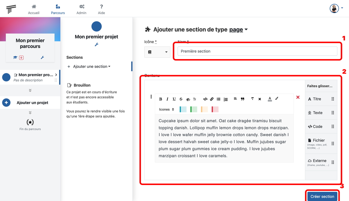 Documentation Soba LMS : formulaire de création d'une section