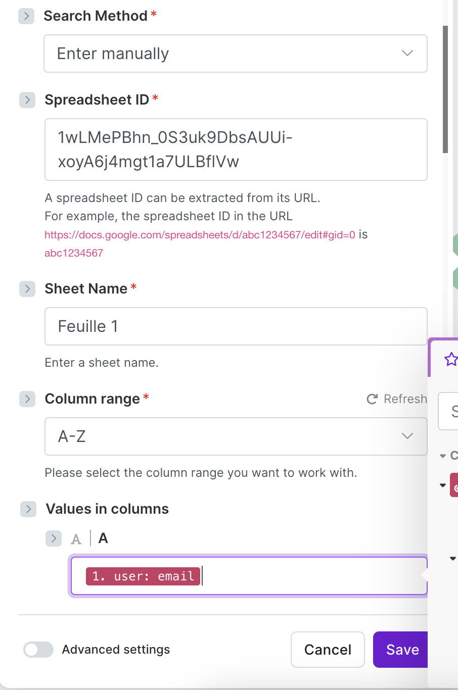 Remplissage du formulaire pour la brique google sheets