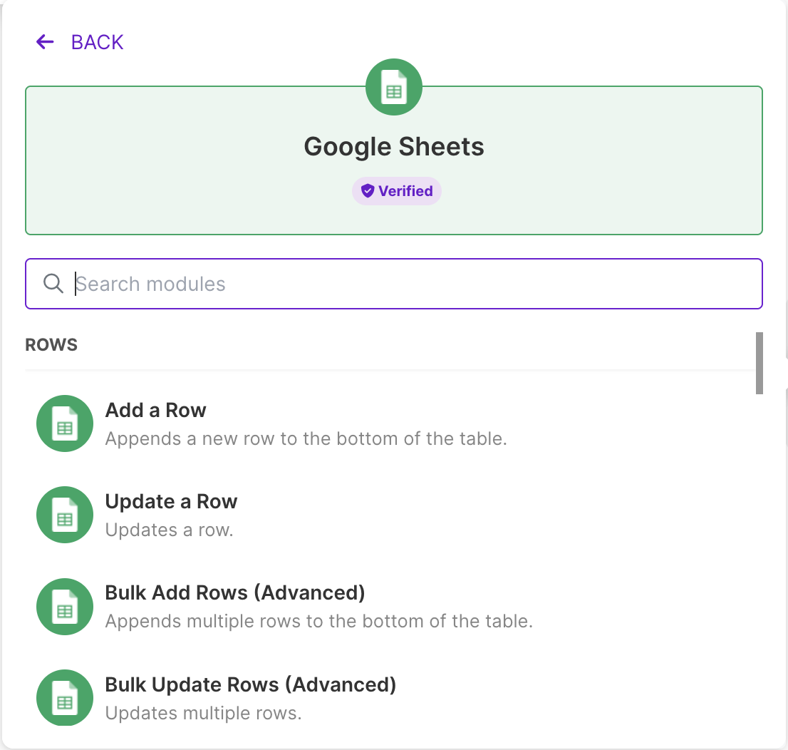 Ajout de la brique google sheets