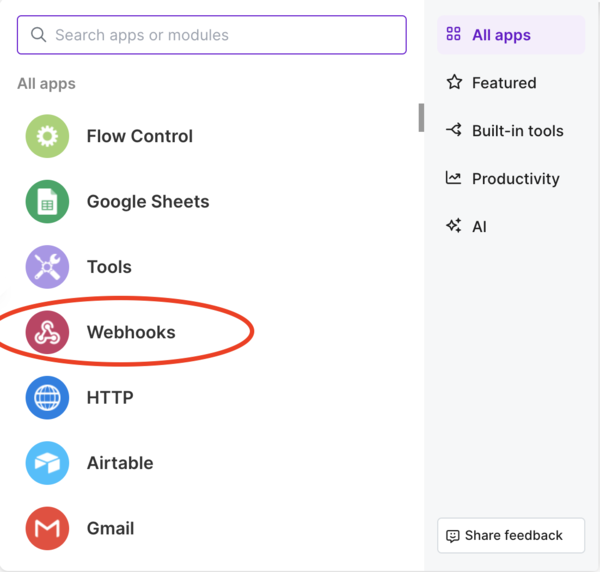 Ajouter un webhook dans un scénario sur Make