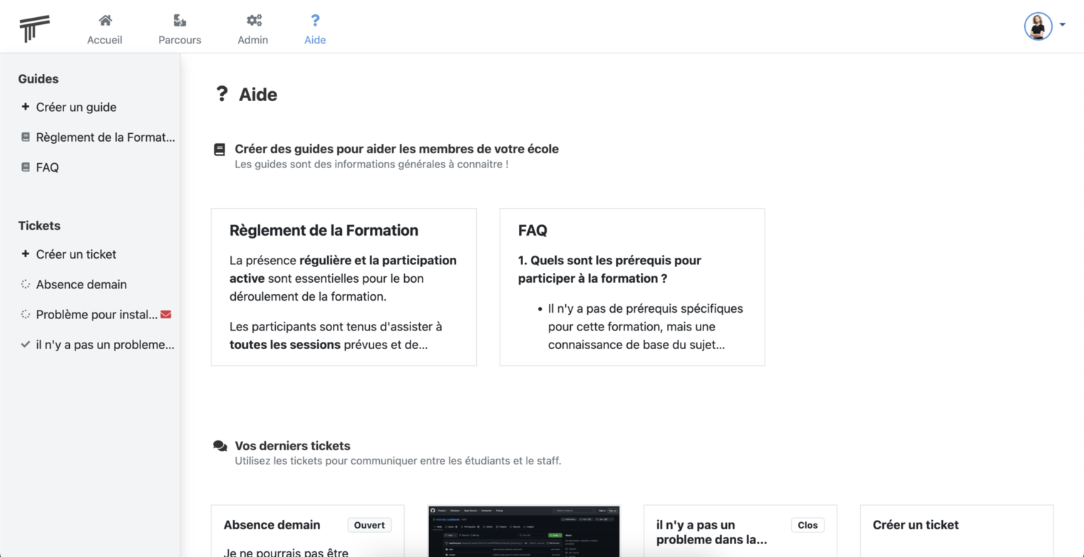 Vue de Soba LMS : toutes les aides