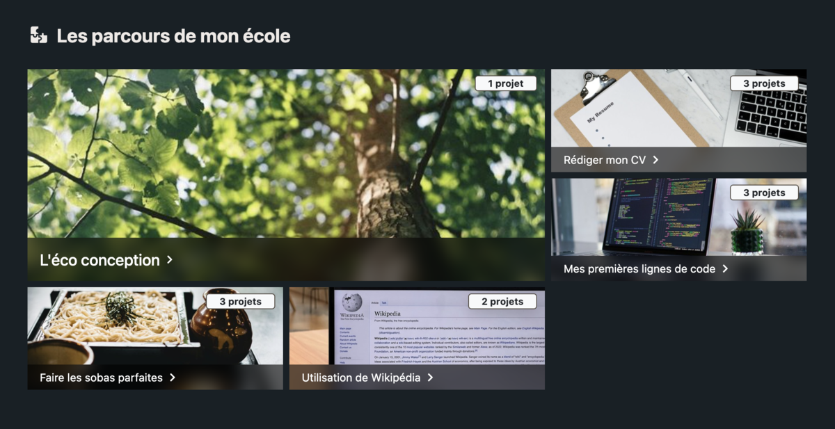 Vue de Soba LMS : la page d'accueil en mode sombre