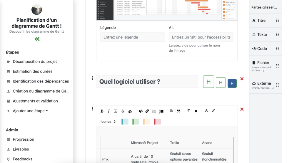 Edition d'un cours sur la plateforme LMS Soba LMS