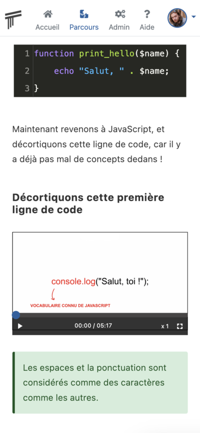 Vue d'un contenu intégré dans Soba LMS en mobile