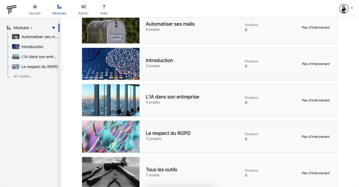 La liste des modules