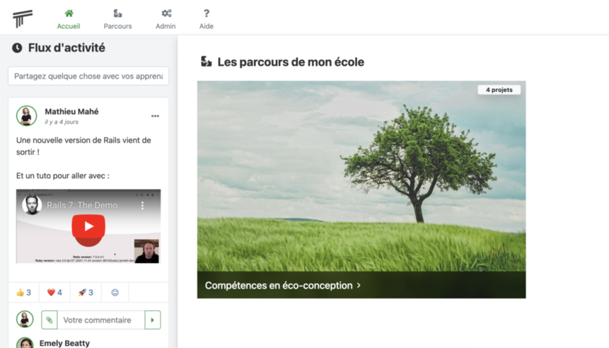 Vue du LMS avec un cours sur l'eco conception