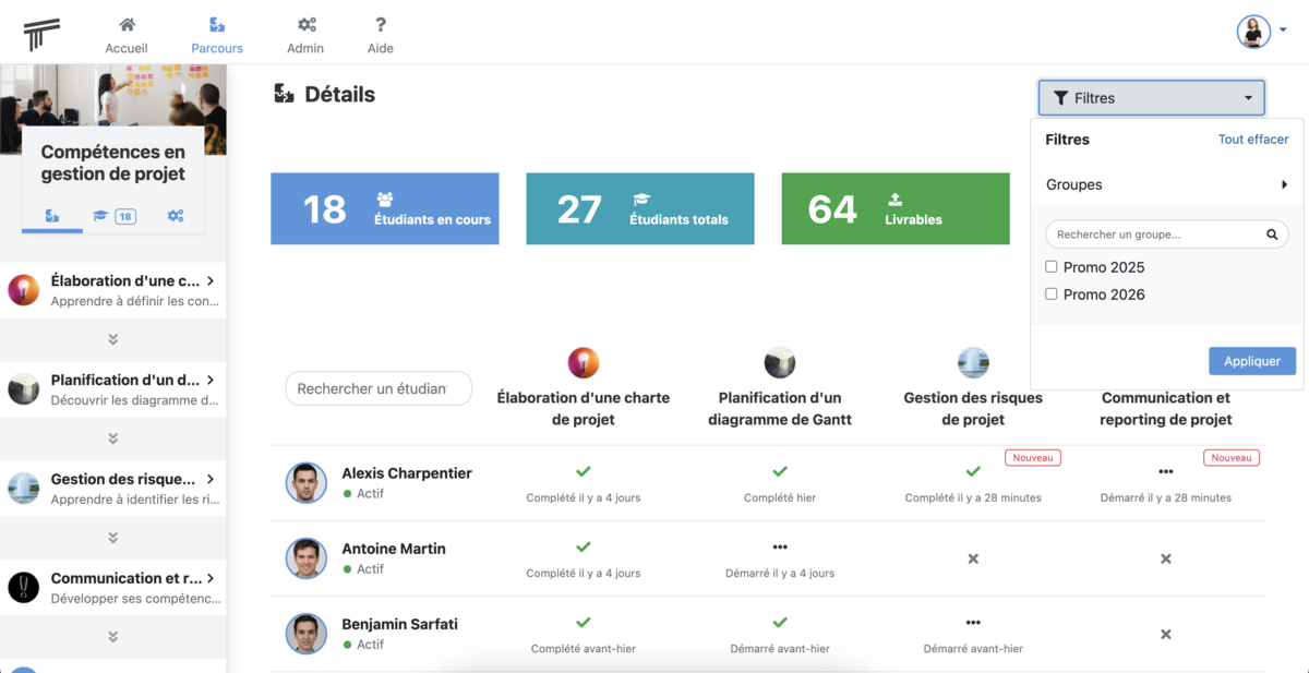 Vue des statistiques sur Soba LMS