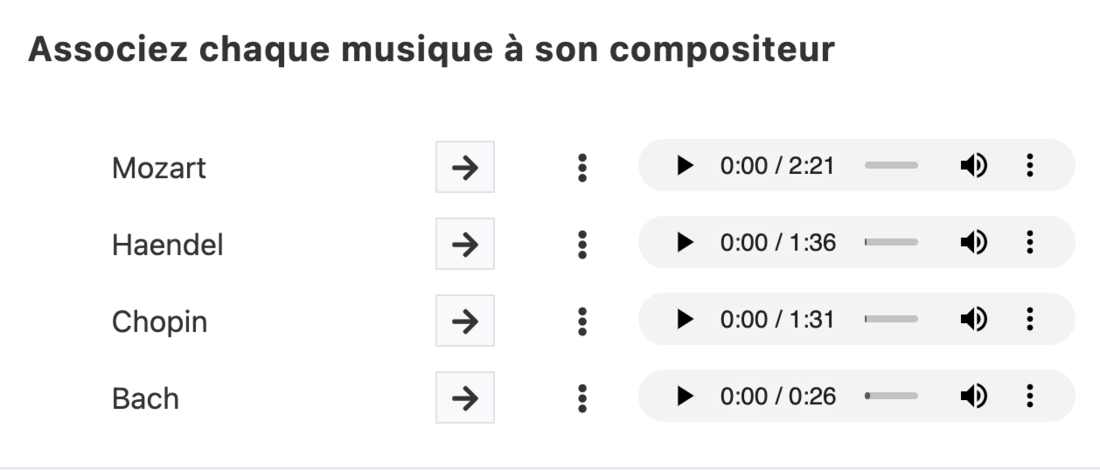 Vue de Soba LMS : vue d'une question associative avec audio