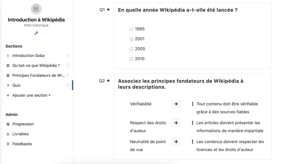 Vue de Soba LMS : Un quiz