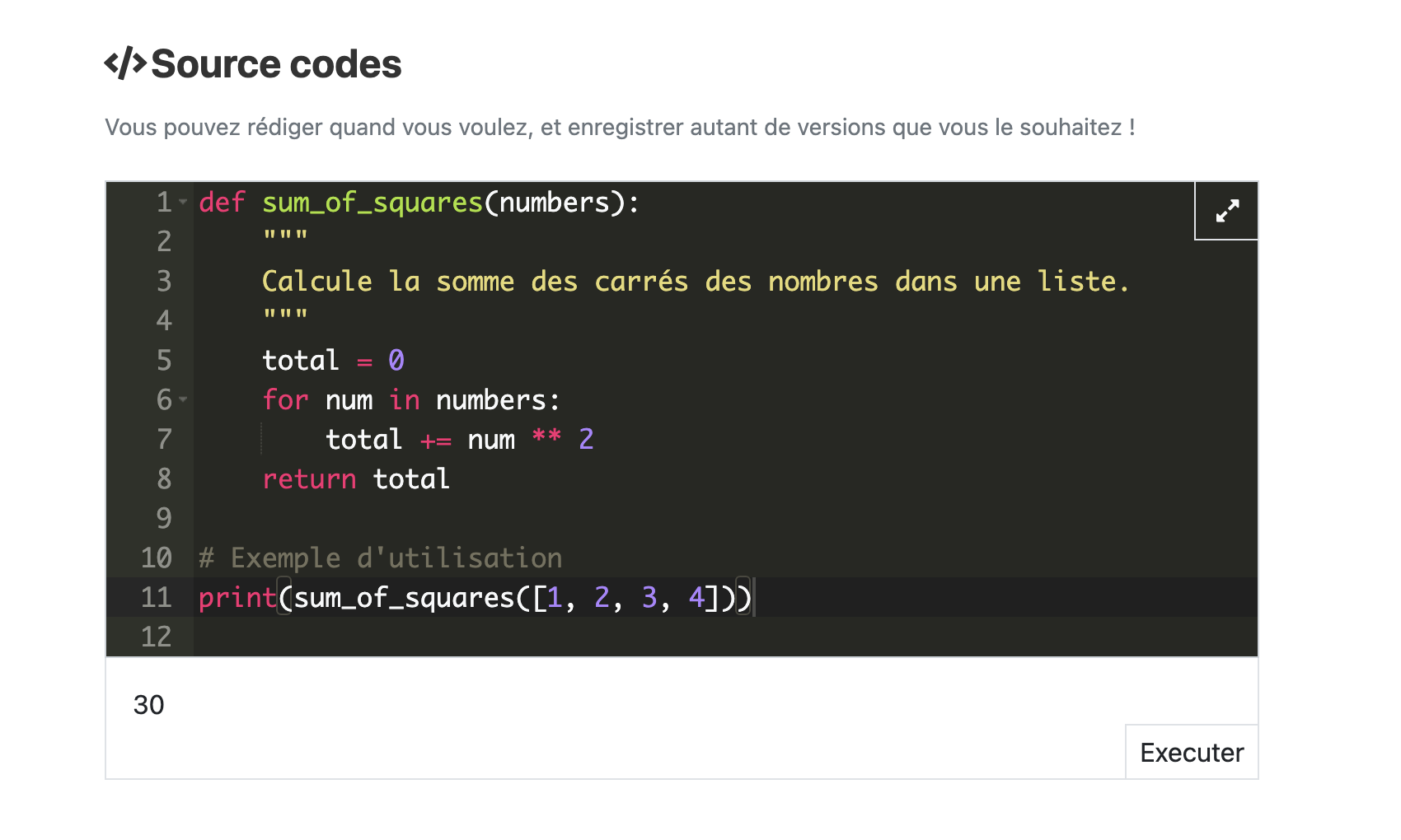 Vue de Soba LMS : un rendu étudiant de type code