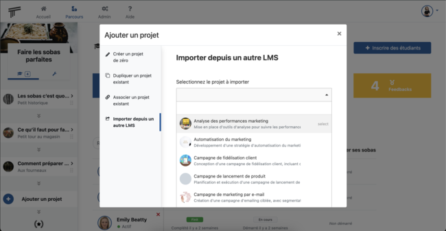 Vue de Soba LMS : formulaire de migration de données