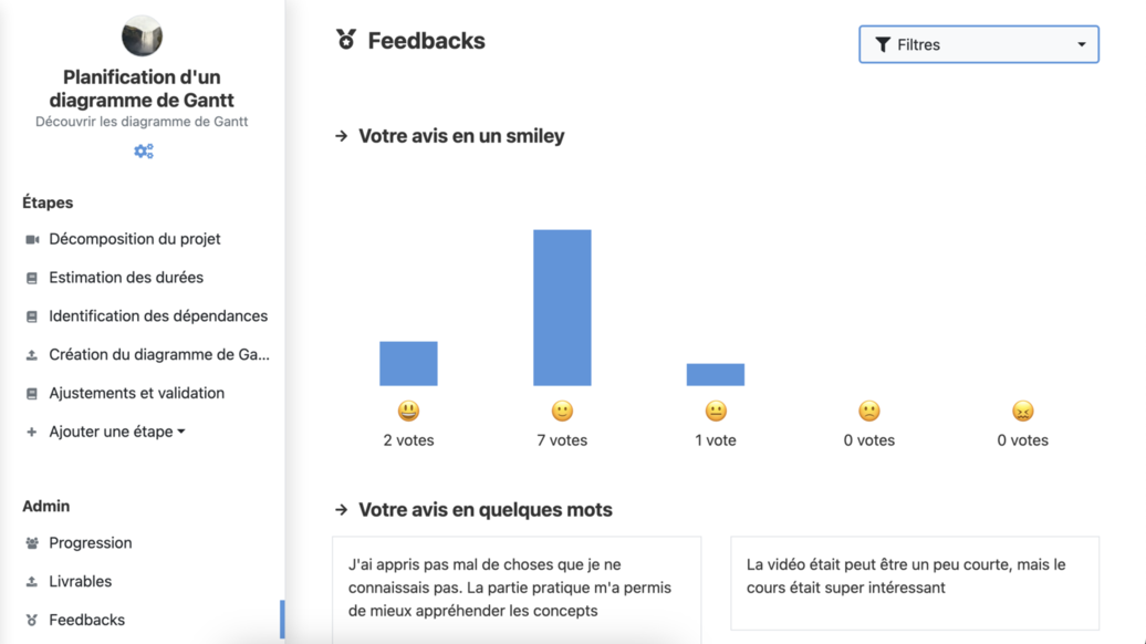 Vue de Soba LMS : résumé des feedbacks