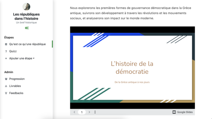 Vue d'un Google slides intégré dans Soba LMS