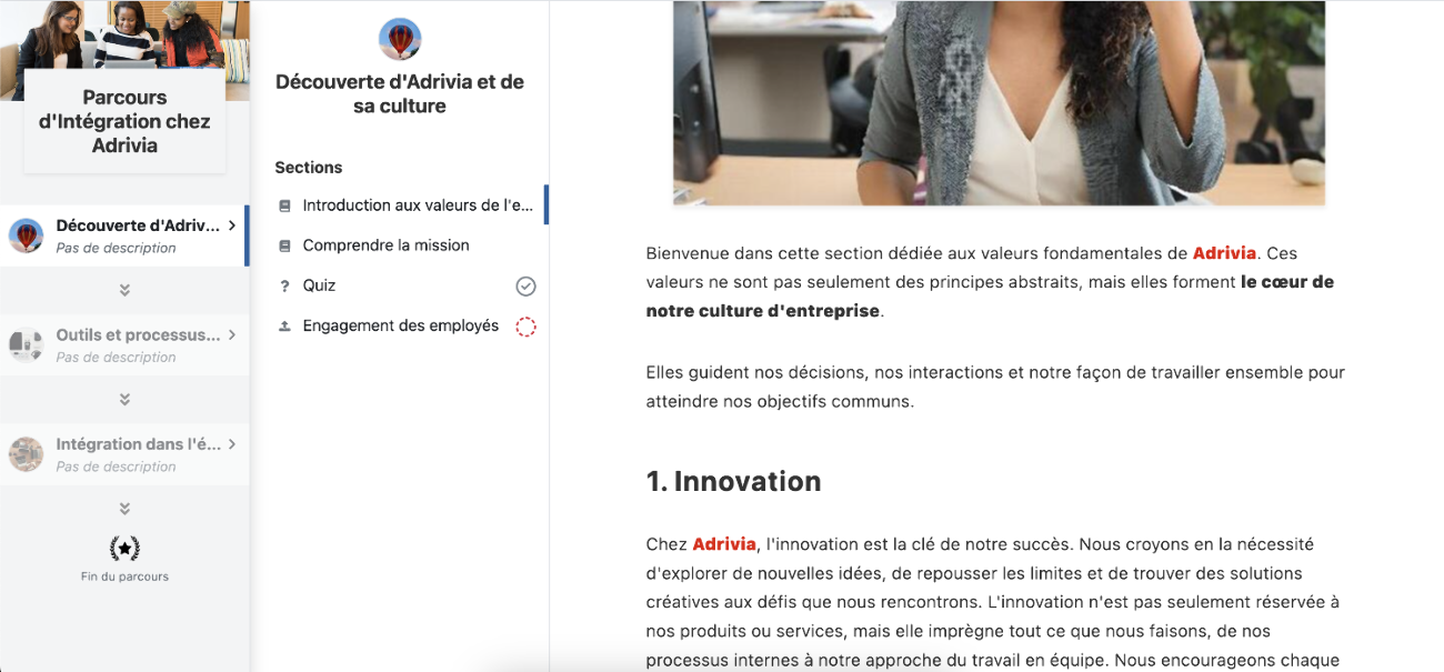 Vue d'un parcours d'onboarding dans Soba LMS