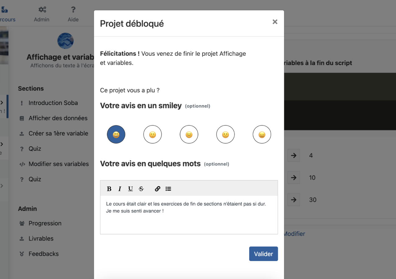 Vue de la demande d'un feedback sur Soba LMS