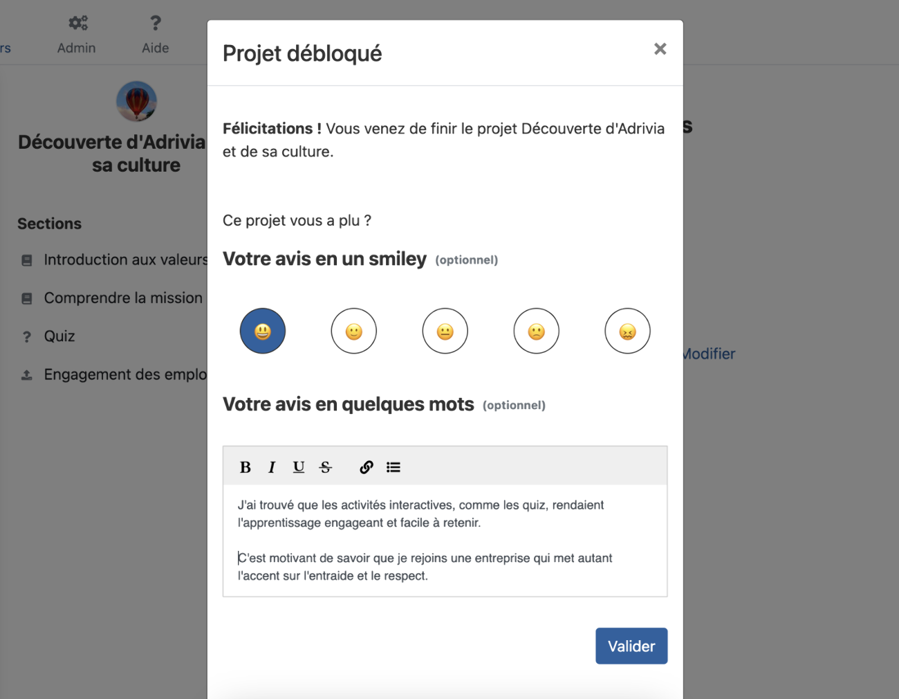 Vue de la demande d'un feedback étudiant sur Soba LMS