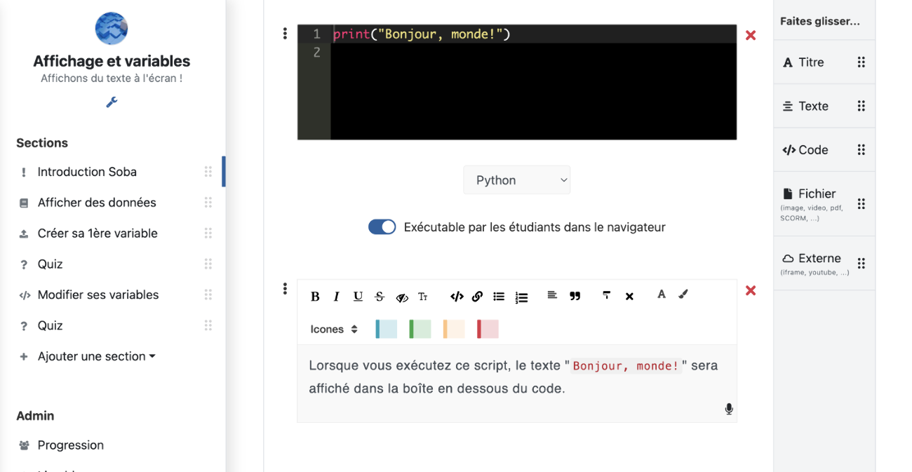 Vue de l'outil auteur sur Soba LMS