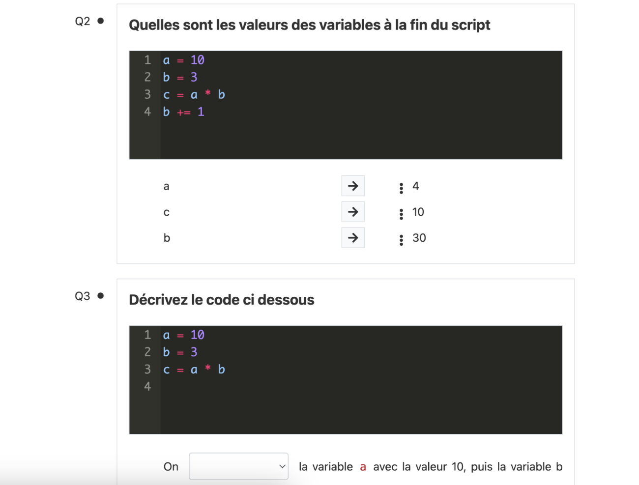 Vue de la page d'un quiz pour du code sur Soba LMS