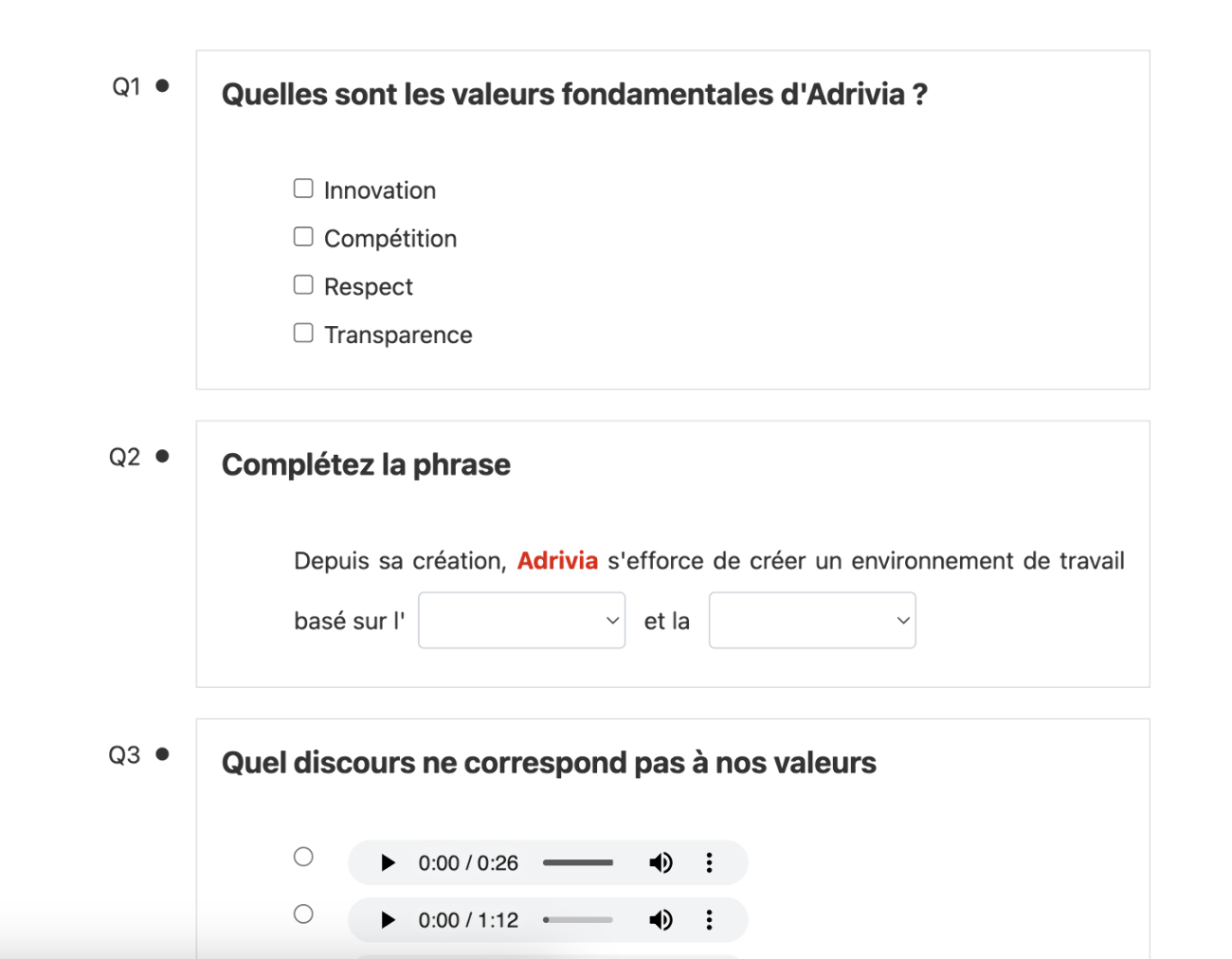 Vue d'un quiz avec mauvaise réponse dans Soba LMS